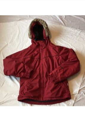 Columbia Kids Red Hooded Puffer Jacket with Faux Fur Trim